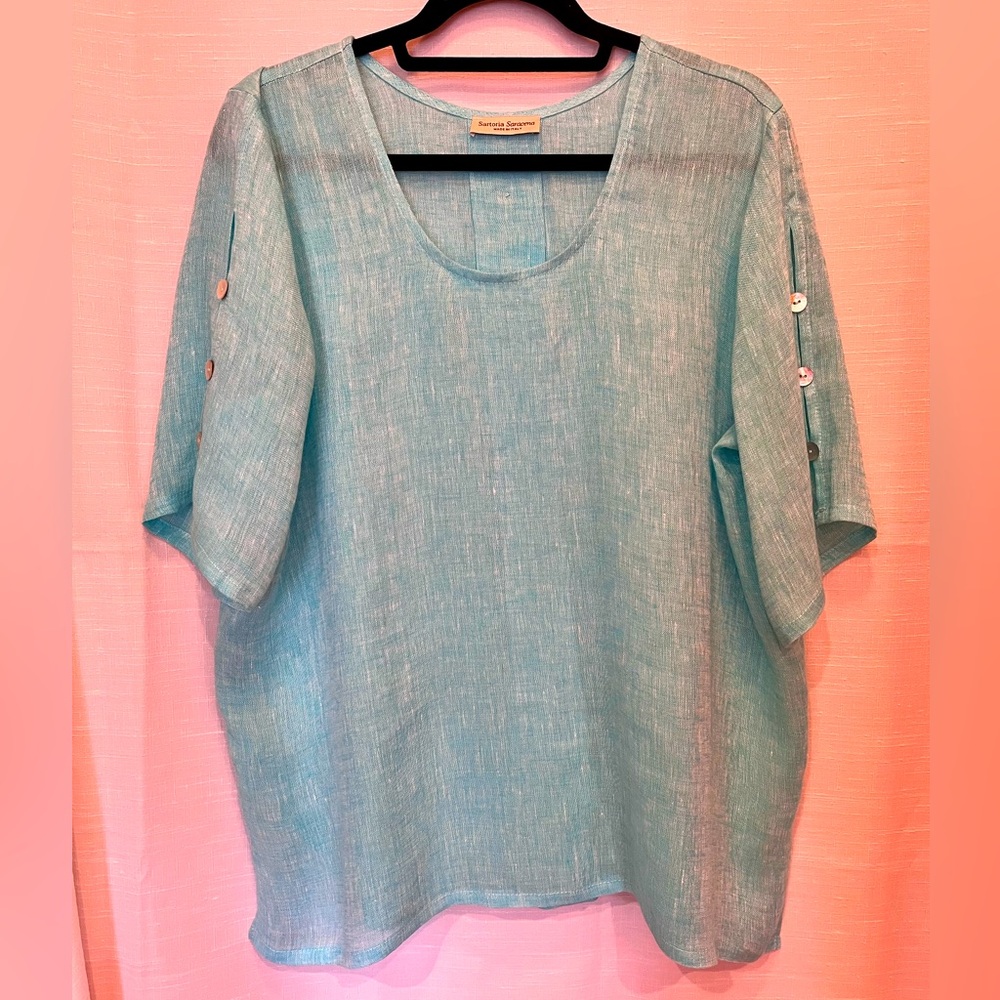 100% Linen Beautiful Aqua Tunic Blouse Made in Italy